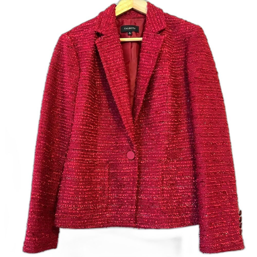 Talbots Woven Silk Wool Blend Jacket Blazer Sz 12 Red Pink Career Academia New